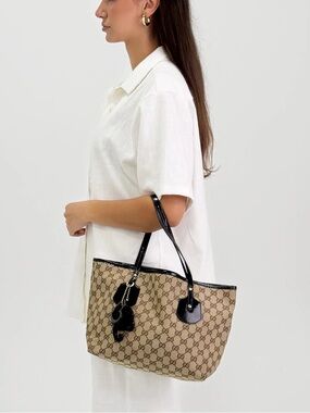 Gucci Beige GG Monogram Canvas Patent Leather Tote Bag